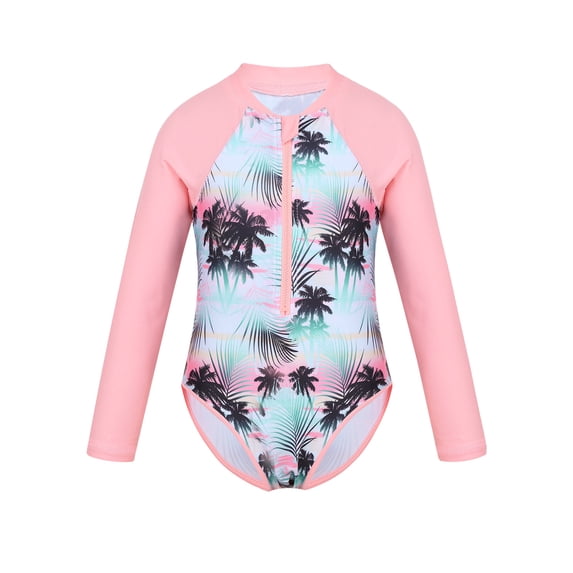 TSSOE Kids Girls One Piece Swimsuit Sun Protection Long Sleeve Surfing Rashguard Swimwear Pink 6