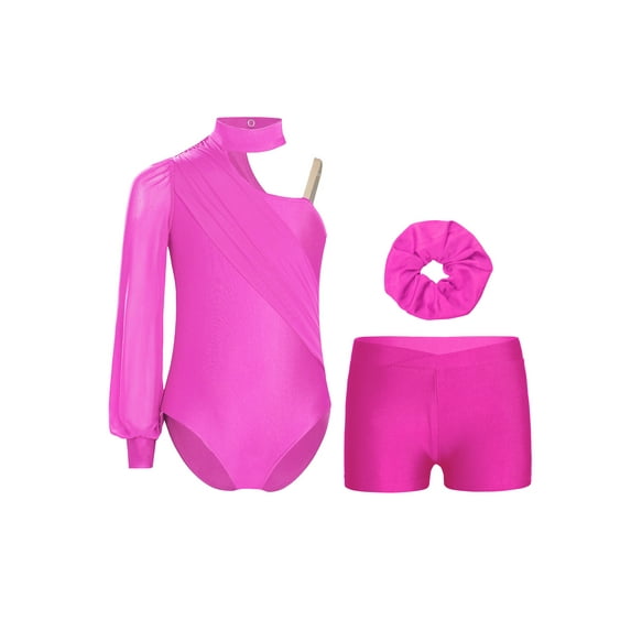 TSSOE Kids Girls One Shoulder Gymnastics Leotard Ballet Dance Jumpsuit with Shorts and Hair Scrunchies Set Hot Pink 14