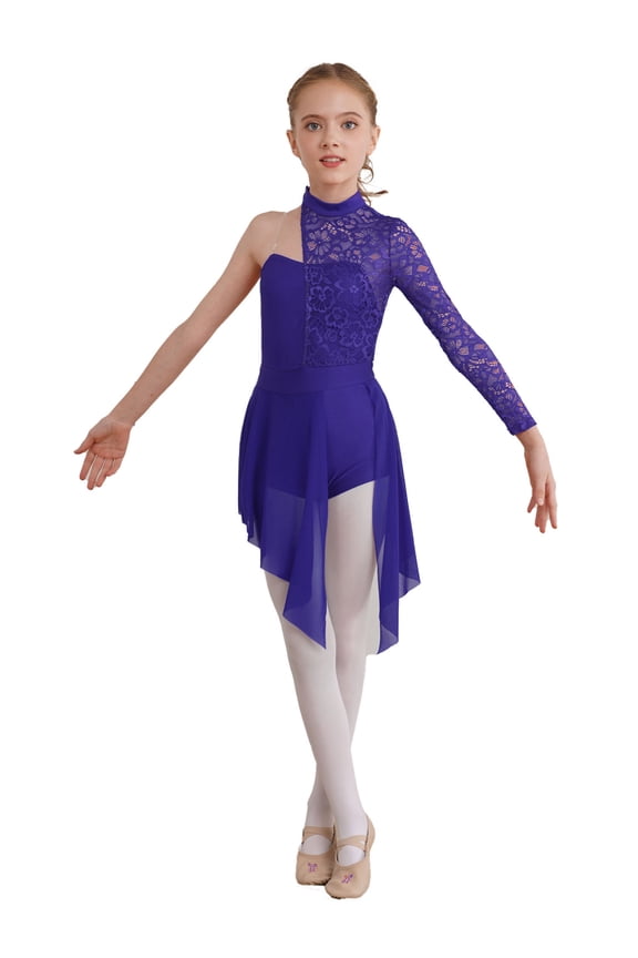 Kids Girls One Shoulder Long Sleeve Ballet Dance Lyrical Dress Leotards Skirted Modern Contemporary Dancewear Purple 6