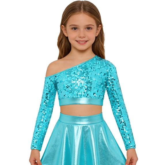 TSSOE Kids Girls One Shoulder Long Sleeve Sequins Jazz Hip Hop Ballet Dance Crop Top Athletic Shirts For Performance Light Blue 10