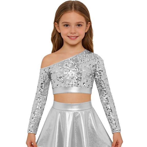 TSSOE Kids Girls One Shoulder Long Sleeve Sequins Jazz Hip Hop Ballet Dance Crop Top Athletic Shirts For Performance Silver 8