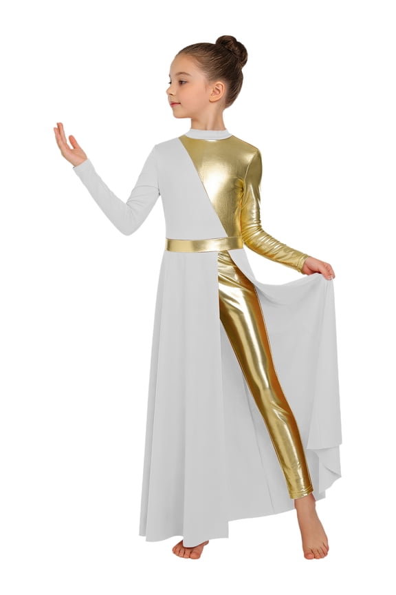 Kids Girls Praise Dance Dress Overlay Color Block Lyrical Liturgical Worship Tunic Church Robe Choir Gown Dancewear White 6