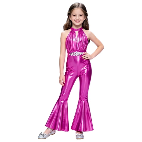 TSSOE Kids Girls Retro Disco Outfits Bell Bottom Jumpsuit 70s Fancy Dress Up Theme Party Bodysuits Hot Pink 14