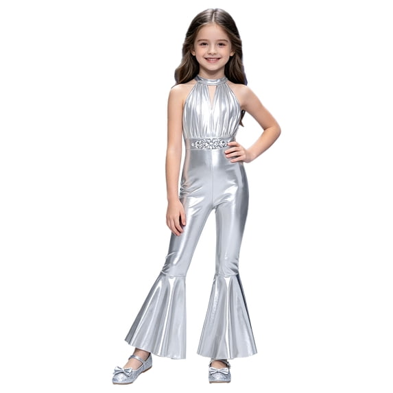 TSSOE Kids Girls Retro Disco Outfits Bell Bottom Jumpsuit 70s Fancy Dress Up Theme Party Bodysuits Silver 16
