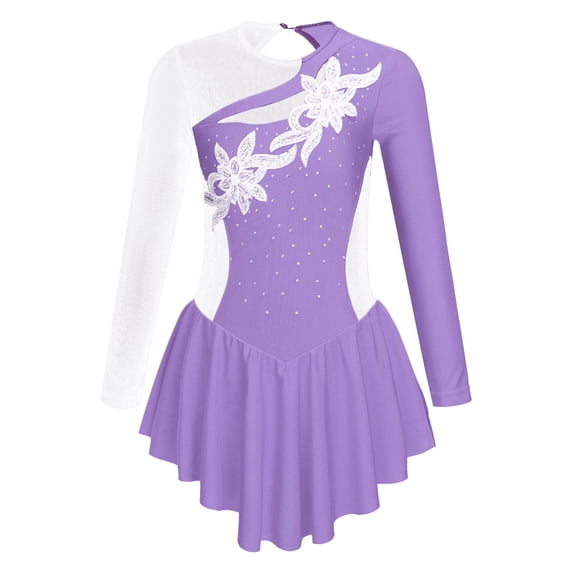 TSSOE Kids Girls Rhinestone Figure Ice Skating Dress Mesh Splice Long Sleeves Skating Performance Costume Lavender 6
