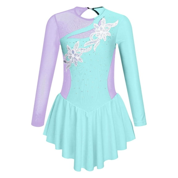TSSOE Kids Girls Rhinestone Figure Ice Skating Dress Mesh Splice Long Sleeves Skating Performance Costume Light Blue 6