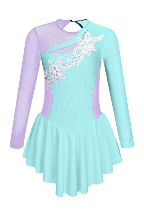 Kids Girls Rhinestone Figure Ice Skating Dress Mesh Splice Long Sleeves Skating Performance Costume Light Blue 6