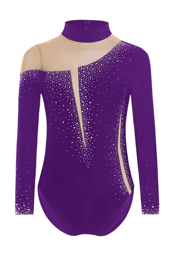 Kids Girls Rhinestone Gymnastics Jersey Figure Skating Ballet Dance Leotard Bodysuit Performance Costume Purple 6