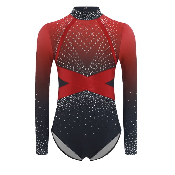 TSSOE Kids Girls Rhinestone Long Sleeve Ballet Dance Leotard Rhythmic Gymnastics Jumpsuit Bodysuit Dancewear Red 8