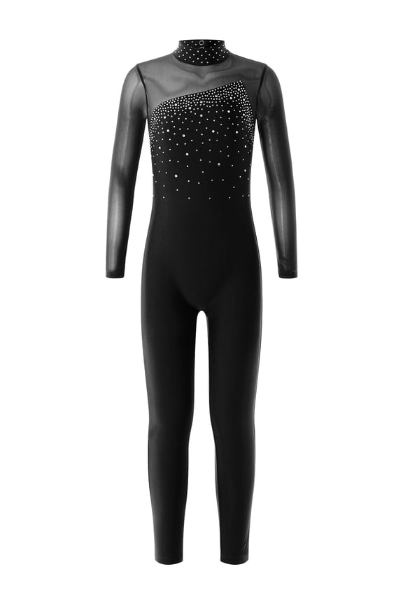 Kids Girls Rhinestone Long Sleeve Figure Ice Skating Jumpsuit Full Body Unitard One Piece Bodysuit Dancewear Black 16