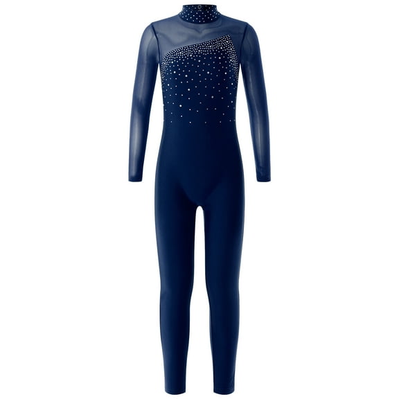 TSSOE Kids Girls Rhinestone Long Sleeve Figure Ice Skating Jumpsuit Full Body Unitard One Piece Bodysuit Dancewear Navy Blue 8