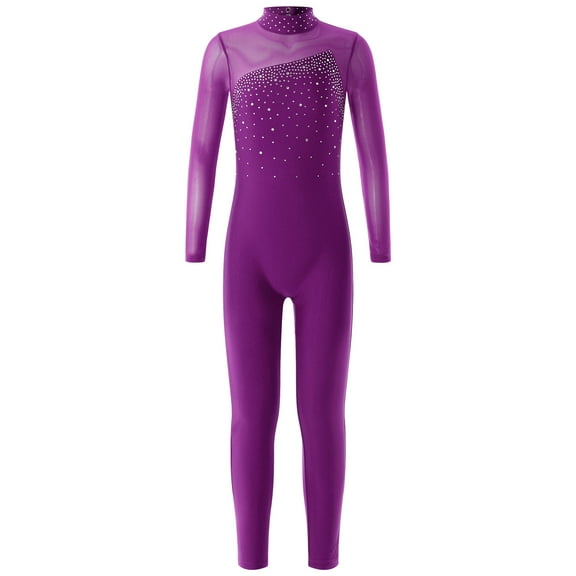 TSSOE Kids Girls Rhinestone Long Sleeve Figure Ice Skating Jumpsuit Full Body Unitard One Piece Bodysuit Dancewear Purple 10