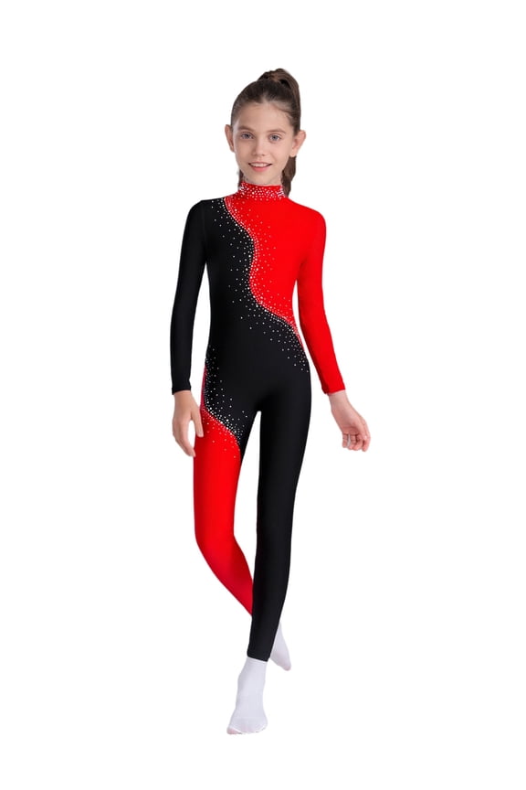 Kids Girls Rhinestone Long Sleeve Full Body Ballet Dance Leotard Gymnastics Unitard Bodysuit Skating Jumpsuit Red 16