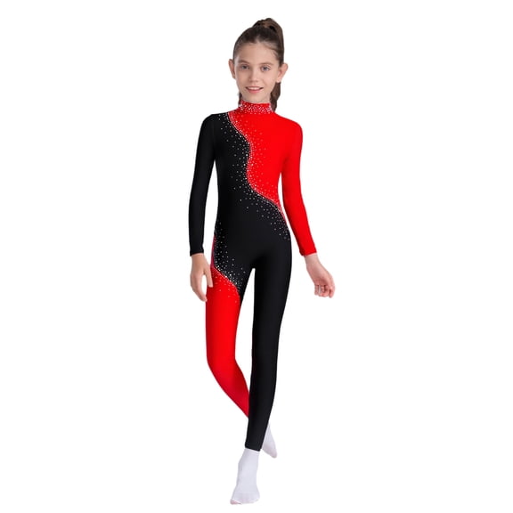 TSSOE Kids Girls Rhinestone Long Sleeve Full Body Ballet Dance Leotard Gymnastics Unitard Bodysuit Skating Jumpsuit Red 8