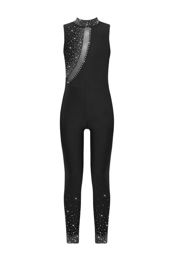 Kids Girls Rhinestone Mesh Full Body Ballet Dance Unitard Figure Skating Rhythmic Gymnastics Leotard Jumpsuit Black 12