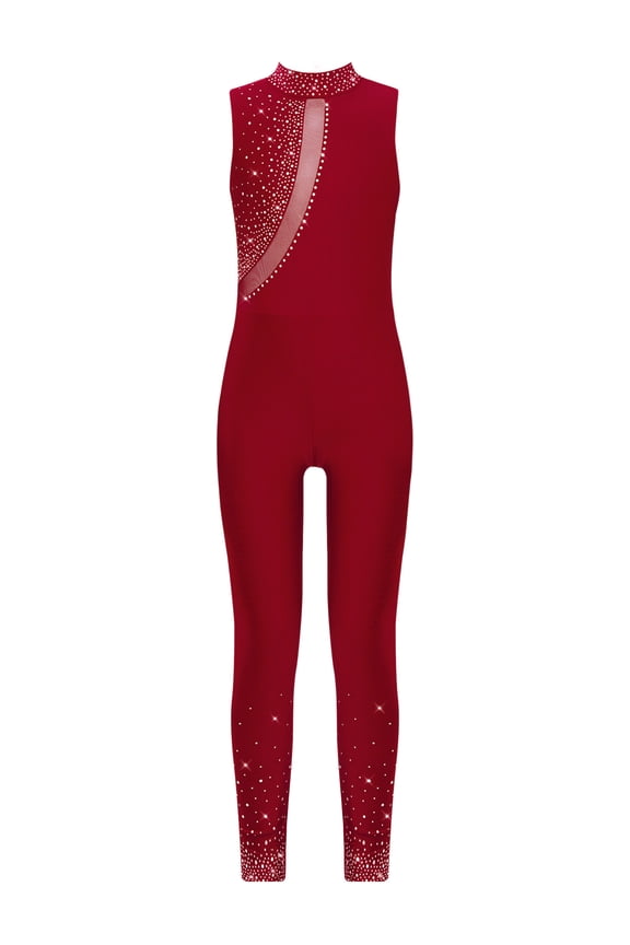 Kids Girls Rhinestone Mesh Full Body Ballet Dance Unitard Figure Skating Rhythmic Gymnastics Leotard Jumpsuit Burgundy 6
