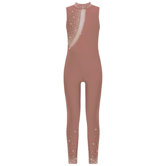 TSSOE Kids Girls Rhinestone Mesh Full Body Ballet Dance Unitard Figure Skating Rhythmic Gymnastics Leotard Jumpsuit Dusty Pink 6