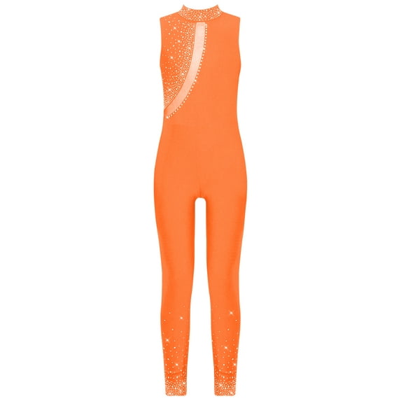 TSSOE Kids Girls Rhinestone Mesh Full Body Ballet Dance Unitard Figure Skating Rhythmic Gymnastics Leotard Jumpsuit Orange 14