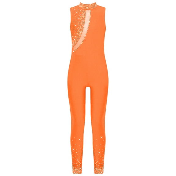 TSSOE Kids Girls Rhinestone Mesh Full Body Ballet Dance Unitard Figure Skating Rhythmic Gymnastics Leotard Jumpsuit Orange 6