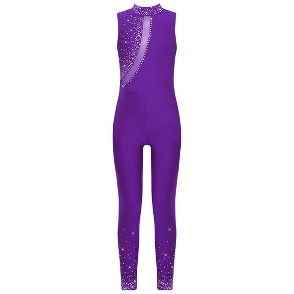 TSSOE Kids Girls Rhinestone Mesh Full Body Ballet Dance Unitard Figure Skating Rhythmic Gymnastics Leotard Jumpsuit Purple 6