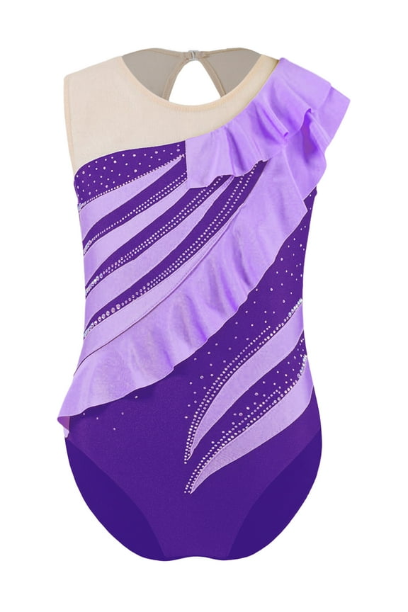 Kids Girls Ruffle Shiny Rhinestone Sleeveless Ballet Dance Gymnastics Leotard Athletic Unitard Dancewear Purple 10