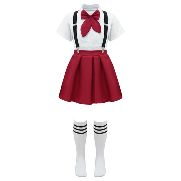 TSSOE Kids Girls School Uniform Bowknot Cute Skirts Japanese Style Sweet Layered Ruffle Suspender Type B Burgundy 130