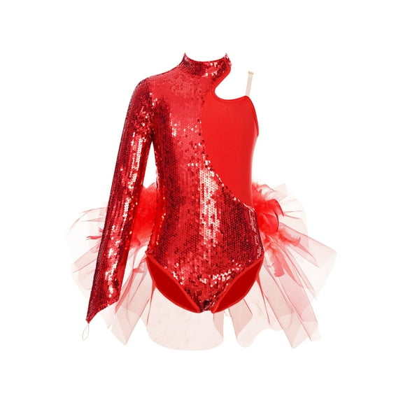 TSSOE Kids Girls Sequin Ballet Dance Dress One Shoulder Long Sleeve Gymnastic Leotard Jazz Cha Cha Ballroom Costume Red 6