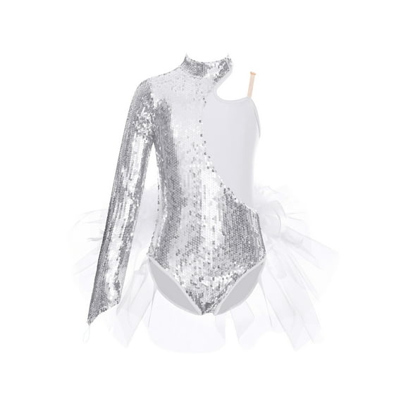 TSSOE Kids Girls Sequin Ballet Dance Dress One Shoulder Long Sleeve Gymnastic Leotard Jazz Cha Cha Ballroom Costume Silver 6
