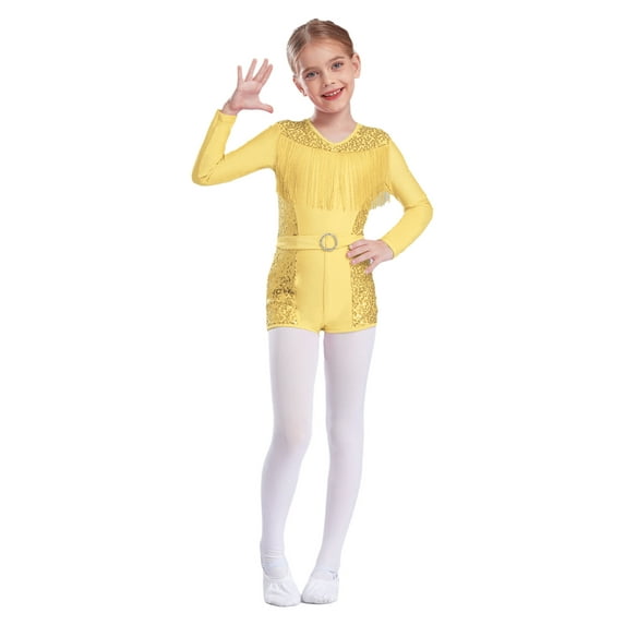 TSSOE Kids Girls Sequin Ballet Dance Gymnastics Leotard Long Sleeve Athletic Biketard Fringe Short Jumpsuit Yellow 8