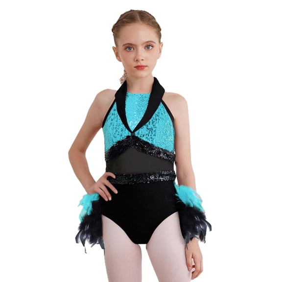TSSOE Kids Girls Sequin Jazz Dance Outfit Sparkle Ballet Gymnastics Leotard Feather Skirt Dress Performance Dancewear Light Blue 10