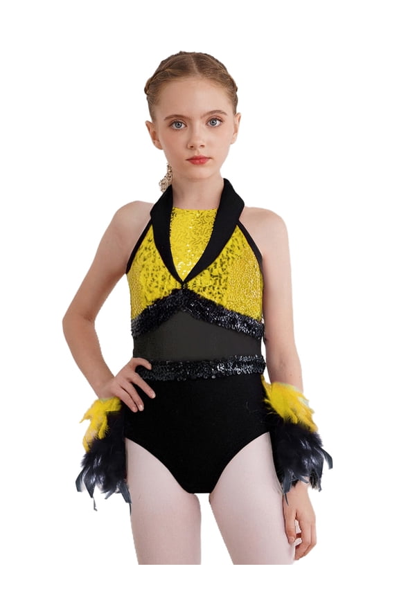 Kids Girls Sequin Jazz Dance Outfit Sparkle Ballet Gymnastics Leotard Feather Skirt Dress Performance Dancewear Yellow 8