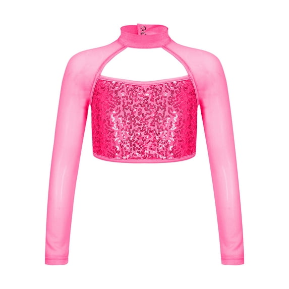 TSSOE Kids Girls Sequin Mock Neck Long Sleeve Gymnastics Dance Crop Top Jazz Hip Hop Athletic Shirt Hot Pink 10