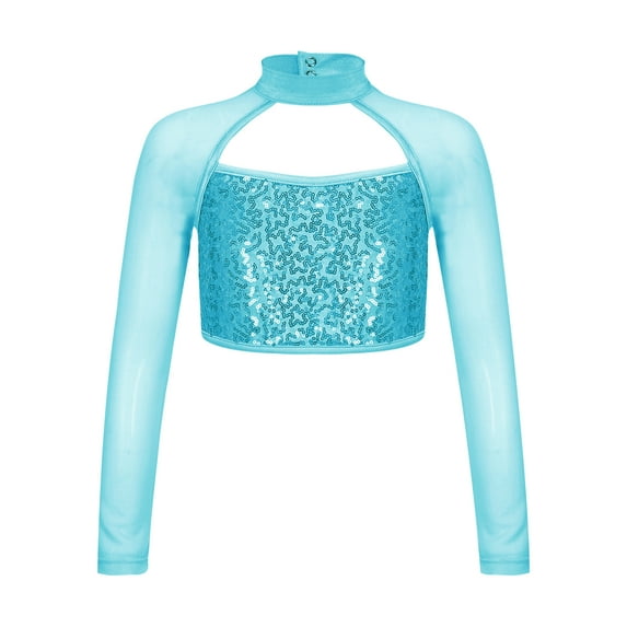 TSSOE Kids Girls Sequin Mock Neck Long Sleeve Gymnastics Dance Crop Top Jazz Hip Hop Athletic Shirt Lake Blue 8