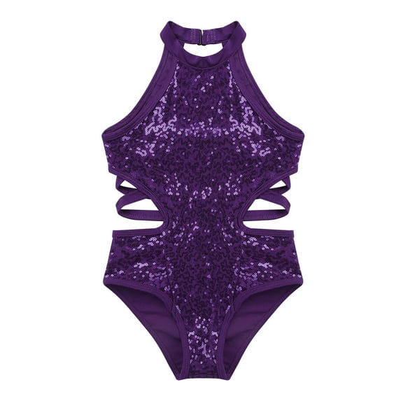TSSOE Kids Girls Sequins Ballet Dance Leotard One-Piece Gymnastic Unitard Sports Bodysuit Ballerina Dance Wear Purple 14