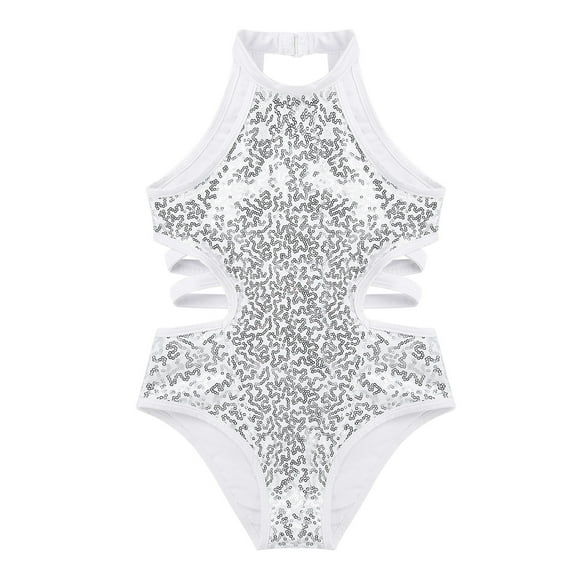 TSSOE Kids Girls Sequins Ballet Dance Leotard One-Piece Gymnastic Unitard Sports Bodysuit Ballerina Dance Wear White 10