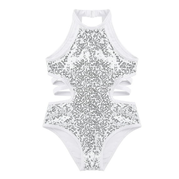 TSSOE Kids Girls Sequins Ballet Dance Leotard One-Piece Gymnastic Unitard Sports Bodysuit Ballerina Dance Wear White 14