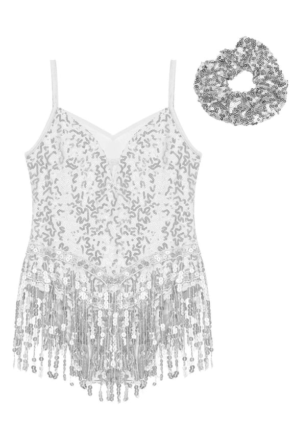 Kids Girls Sequins Ballroom Costumes Rumba Samba Salsa Jazz Dance Dresses Tassel Fringed Bodysuit Dancewear Silver 10
