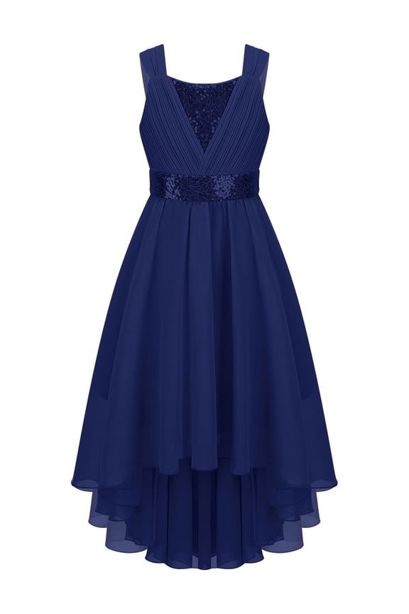 Kids Girls Sequins Bridesmaid Wedding Party Pageant Formal Dress Chiffon Flower Girls Dress Navy Blue 6