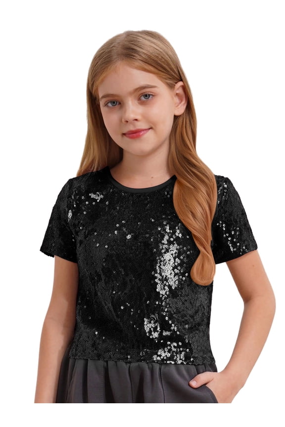Kids Girls Sequins Camisole Hip Hop Clothes Modern Crop Tops Streetwear Metallic Dance Wear Black 6-10
