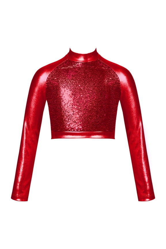 Kids Girls Sequins Jazz Ballet Modern Dance Crop Top Performance Costume Sports Shirt Dancewear Red 6