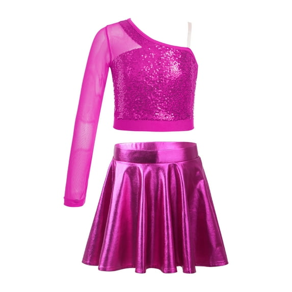 TSSOE Kids Girls Sequins Jazz Cheer Dance Performance Outfits Cheerleading Crop Top with Metallic Pleated Skirt Set Hot Pink 16