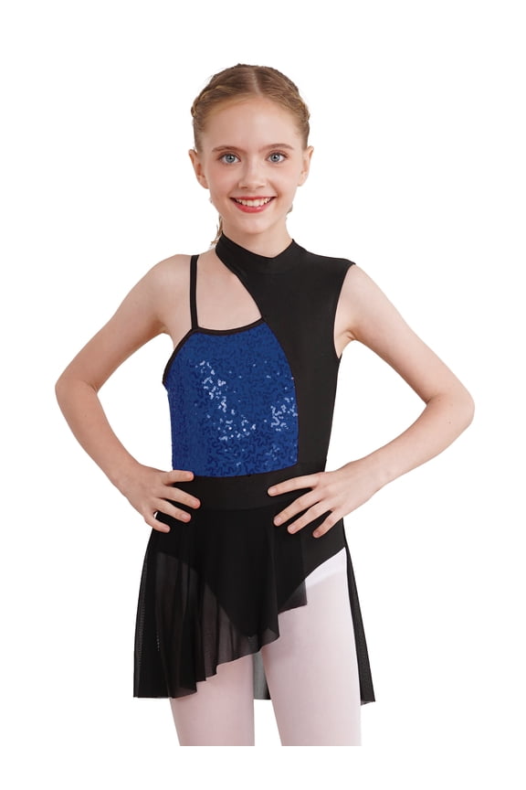 Kids Girls Sequins Lyrical Dance Dress Latin Jazz Ballet Gymnastic Skirt Leotard Dancewear Navy Blue 8