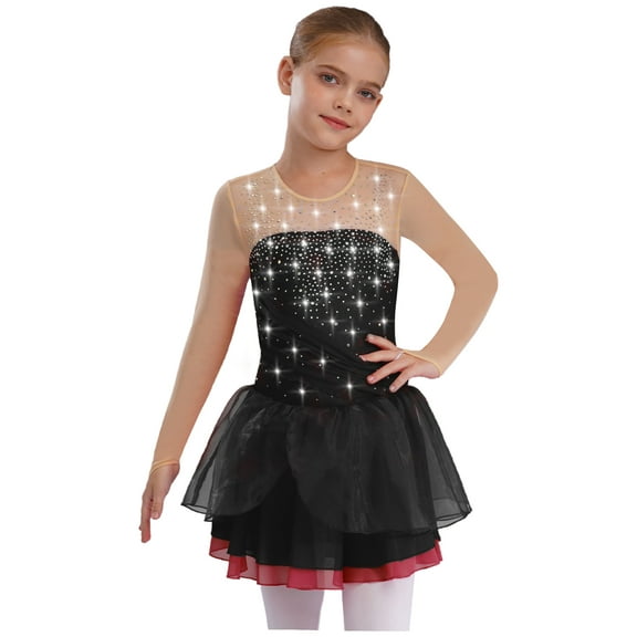 TSSOE Kids Girls Sequins Mesh Splice Figure Skating Dress Long Sleeves Ballroom Ballet Tutu Skirted Leotard Black 6