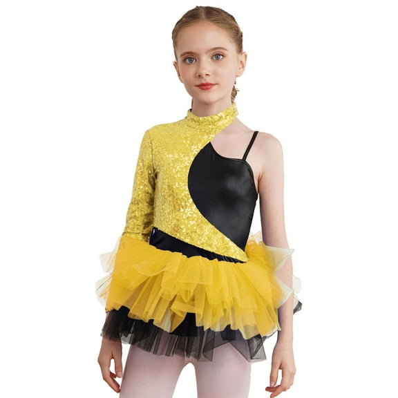 TSSOE Kids Girls Shiny Ballet Dance Dress Tutu Skirted Leotard for Gymnastics Outfit Ice Skating Unitard Dancewear Gold 16