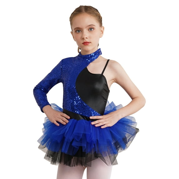 TSSOE Kids Girls Shiny Ballet Dance Dress Tutu Skirted Leotard for Gymnastics Outfit Ice Skating Unitard Dancewear Royal Blue 6