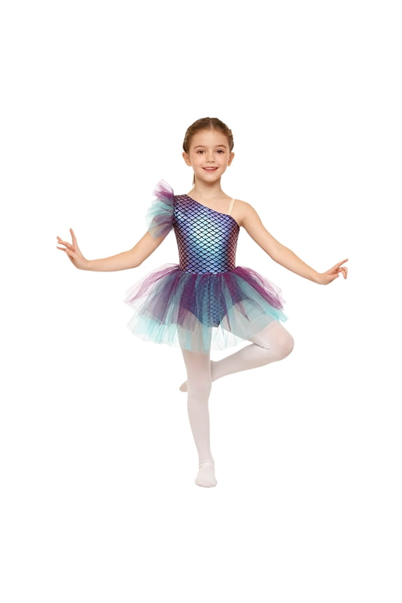 Kids Girls Shiny Ballet Dance Mermaid Tutu Dress One Strap Leotard with Ruffles for Princess Ballet Dance Purple 16