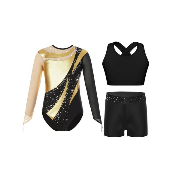 TSSOE Kids Girls Shiny Diamond Gymnastics Leotard Bodysuit Ballet Dance Unitard Jumpsuit Vest with Shorts Set Gold 14