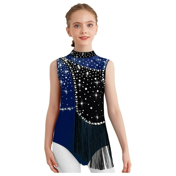 TSSOE Kids Girls Shiny Diamond Tassel Gymnastics Leotard Sleeveless Dance Bodysuit Skating Jumpsuit Unitard Navy Blue 12