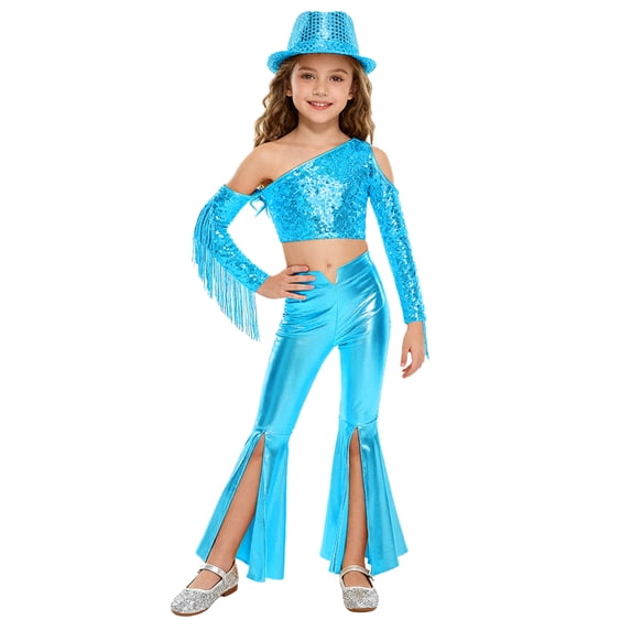 TSSOE Kids Girls Shiny Metallic Disco Dance Outfits Sparkle Sequins Tassels Crop Tops with Bell Bottoms Long Pants and Hat Light Blue 14