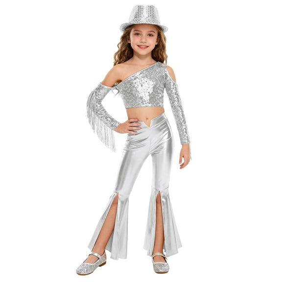 TSSOE Kids Girls Shiny Metallic Disco Dance Outfits Sparkle Sequins Tassels Crop Tops with Bell Bottoms Long Pants and Hat Silver 14